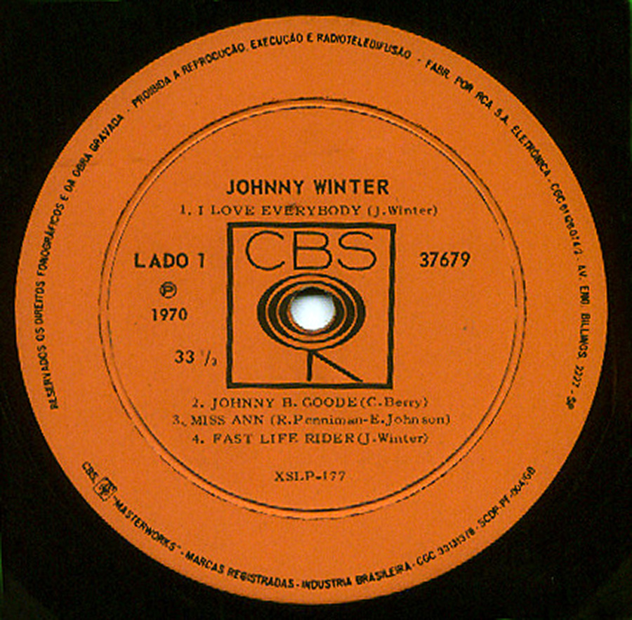 Close up of Side One record's label JOHNNY WINTER - Second Winter